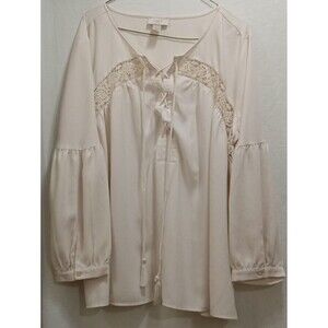 Loft Women's Top XL Cream Pullover 3/4 Sleeve Tie Front Tasseled Shirt BOHO Note